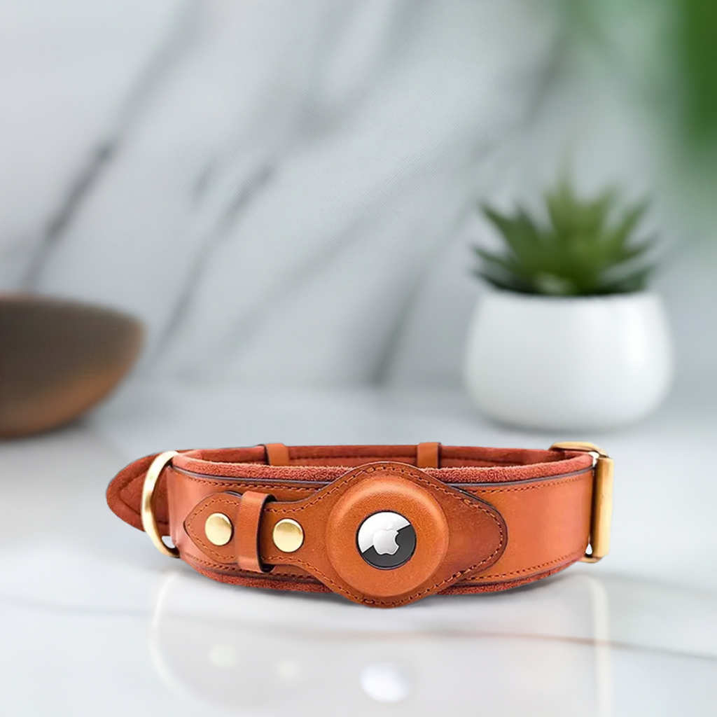 Apple Tracker Leather Harness, a stylish pet product made of organic leather, designed for comfort and unique shape.