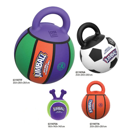 Colorful selection of inflatable balls for dogs with handles designed for durability and active play.