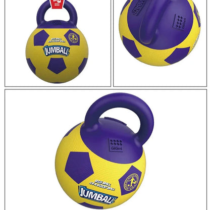 Big Dog Inflatable Ball in bright yellow and purple with a strong handle, perfect for energetic dogs and outdoor play.