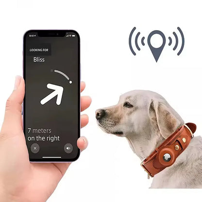 Person using a smartphone to track a dog wearing an Apple Tracker Leather Harness, showcasing its unique design and comfort.