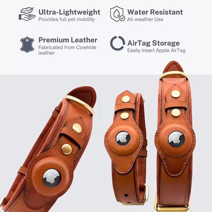 Apple Tracker Leather Harness showcasing premium leather, AirTag storage, and stylish design, ideal for pet safety and mobility.