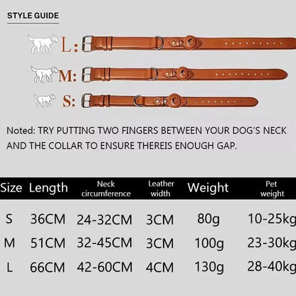 Size guide for Apple Tracker Leather Harness showing measurements for S, M, and L sizes to ensure a proper fit.